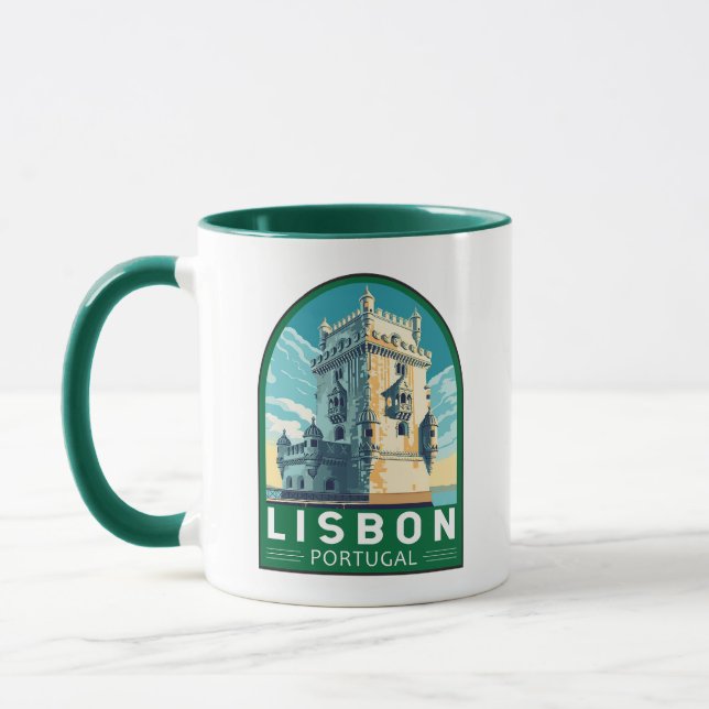 Caneca Lisboa Portugal Belem Torre Viagem Retro Emblema (Esquerda)