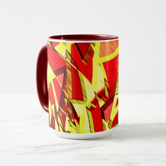 Caneca Listras amarelas na imagem vermelha, distorcida (Frente Esquerda)