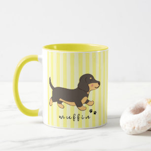 Caneca Listras Amarelas Nome de Dachshund Preto e Marrom