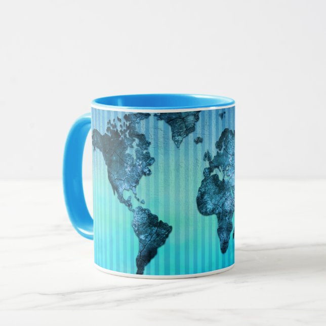 Caneca Listras azuis de néon do mapa do mundo | (Frente Esquerda)