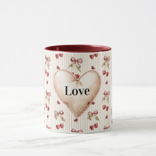 Caneca Listras de Corações Vermelhos Cerejas Laços Dia do