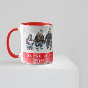 Caneca Listras diagonais xadrez vermelhas de Natal
