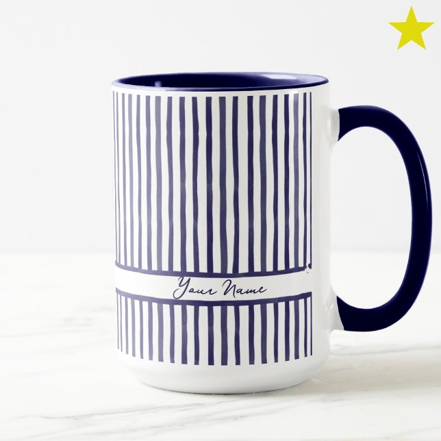 Caneca Listras Mini Aguarela Azul Tendência Nome Personal (Criador carregado)