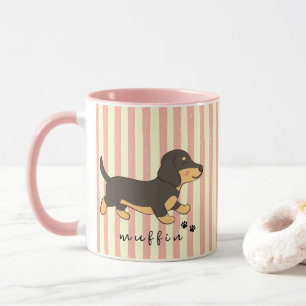 Caneca Listras Rosa Cachorro Preto e Marrom Dachshund Nom
