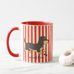 Caneca Listras Vermelhas Nome de Dachshund Preto e Bege 