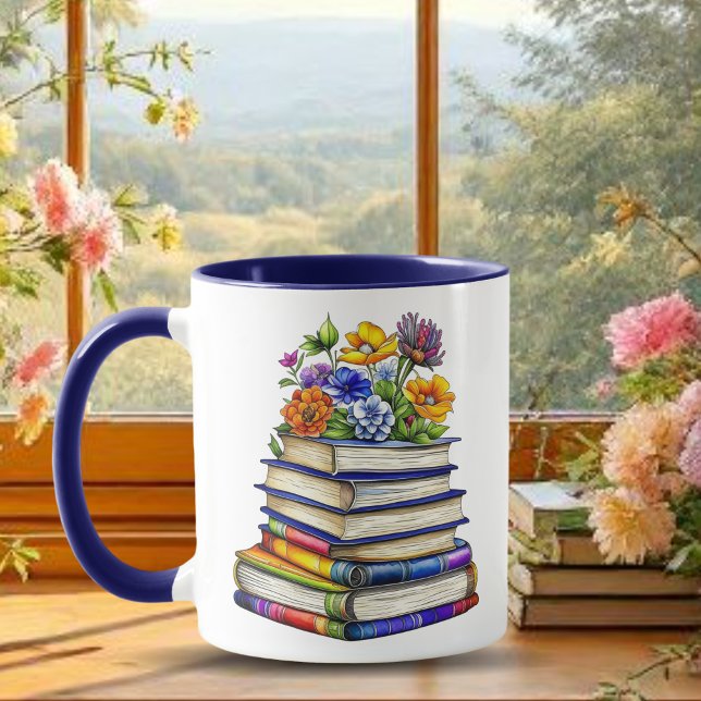 Caneca Livros Antigos Bonitos e Flores Personalizados (Criador carregado)