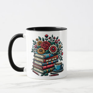 Caneca Livros Antigos Personalizados, Café e Flores
