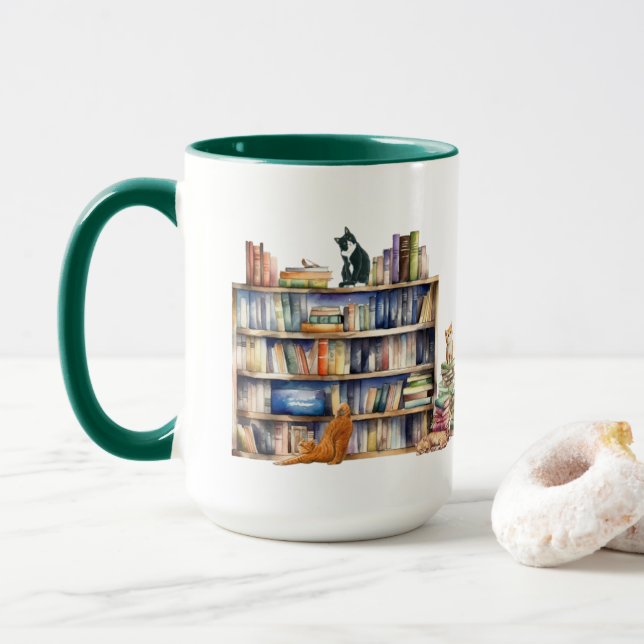 Caneca Livros e Gatos, Presentes para Bibliófilos Bibliot (Com Donut)