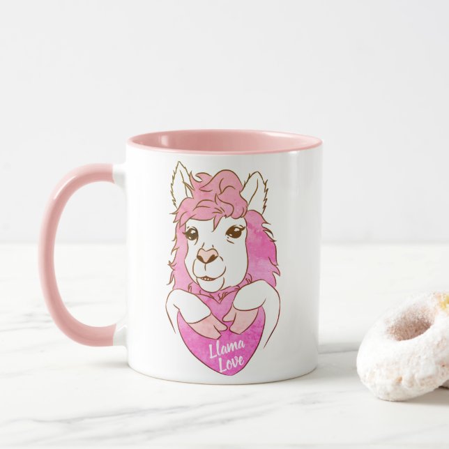 Caneca Llama, Cor-de-rosa, esboço Llama, amor (Com Donut)