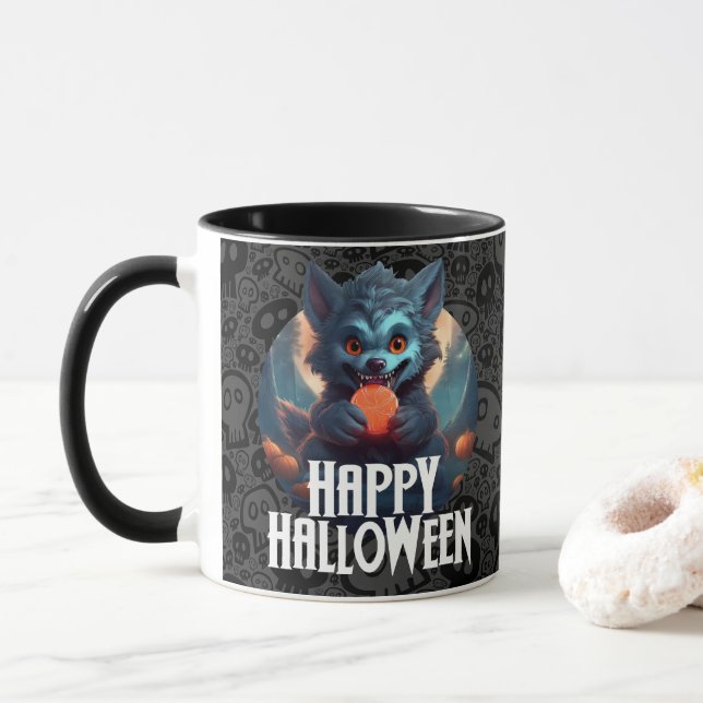 Caneca Lobisomem Comendo Doce Feliz Halloween (Com Donut)