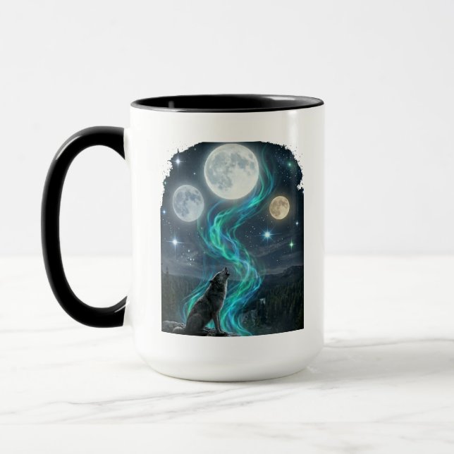 Caneca Lobo Aurora de Três Luas - Céu Noturno Místico (Esquerda)