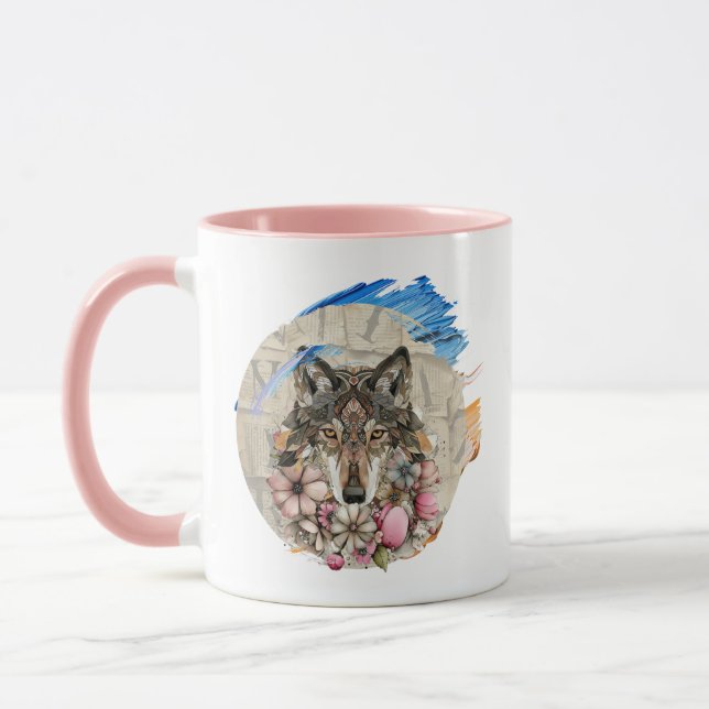 Caneca Lobo Boho Floral com Acentos de Pintura 📄 Descriç (Esquerda)