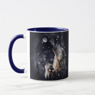 Caneca Lobo e filhote uivando na lua