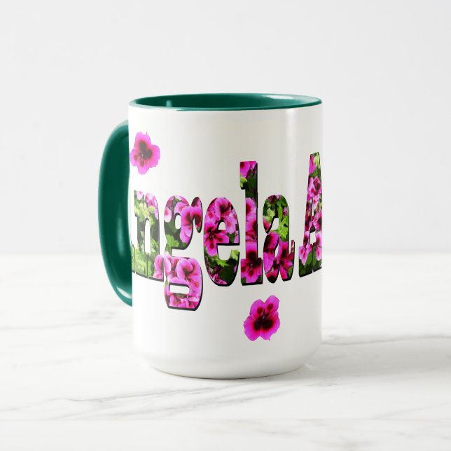 Caneca Logotipo do nome da Ângela Floral rosa, (Frente Esquerda)