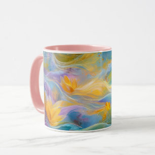 Caneca Lótus Dourados Abstratos Flores Flutuantes