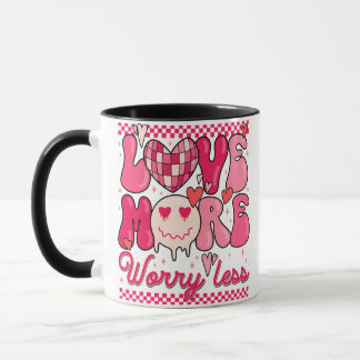 Caneca Love More Worry Less Valentine Design • Retro Pink