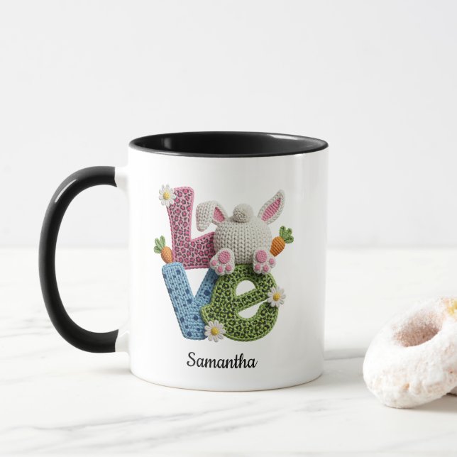 Caneca Love Typography Easter Bunny Crochet Name (Com Donut)