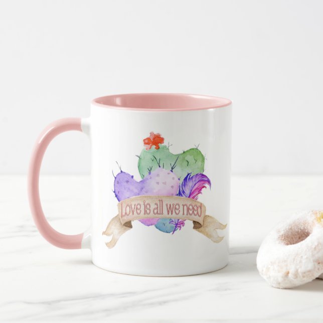 Caneca Love Watercolor Cactos (Com Donut)