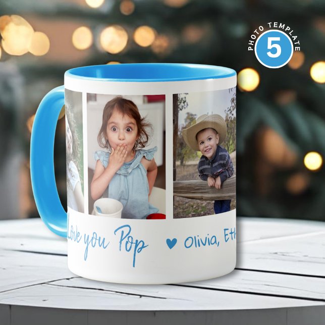 Caneca Love You Pop Grandkids Names 5 Photo Collage Blue (Criador carregado)