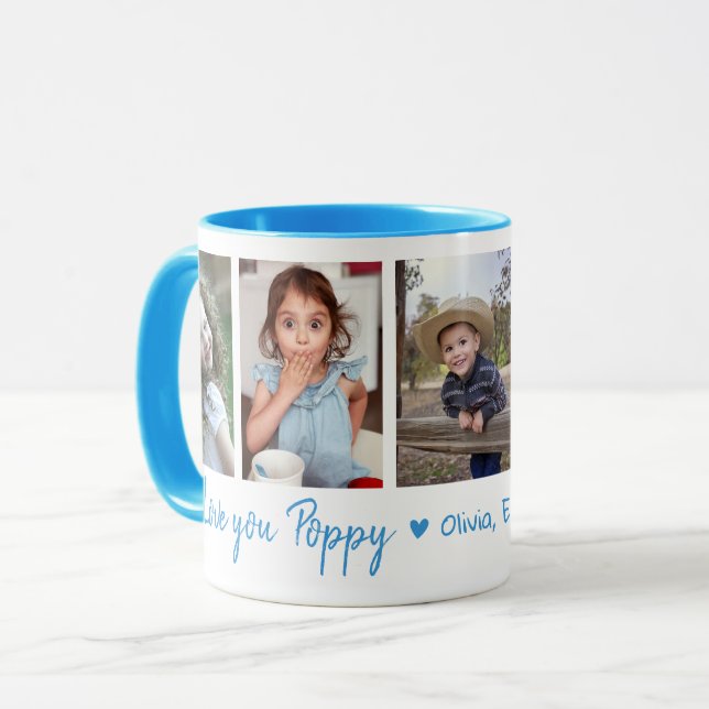 Caneca Love You Poppy Grandchildren 5 Photo Collage Blue (Frente Esquerda)