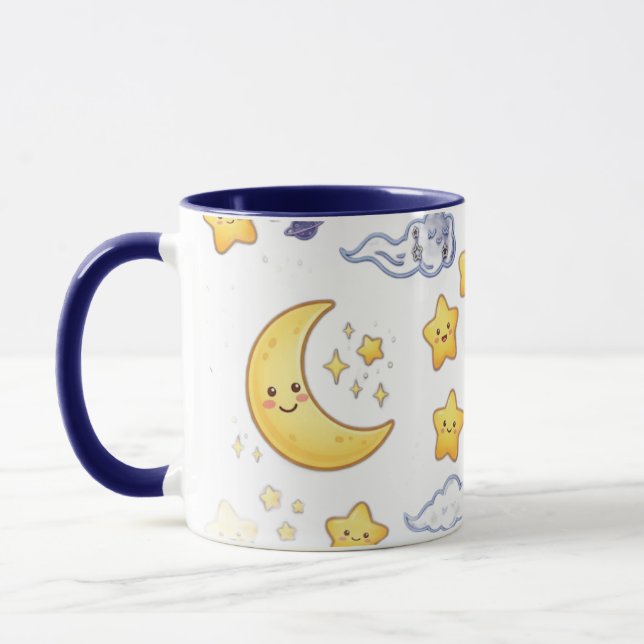 Caneca Lua Celestial Fofa e Padrão de Estrelas Azul com D (Esquerda)