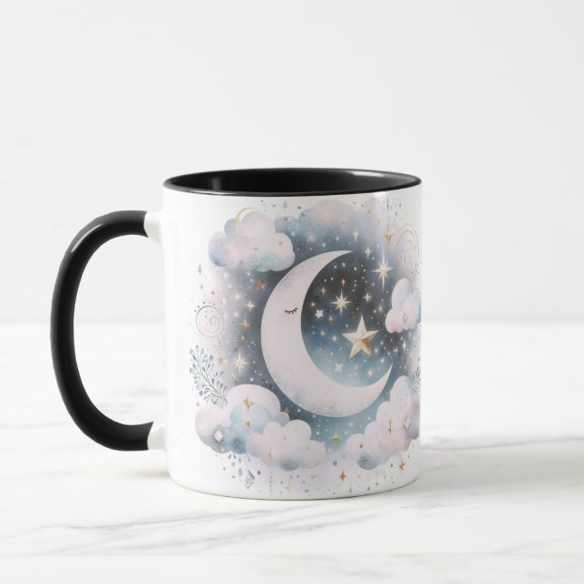 Caneca Lua Crescente Azul e Branco Celestial Boho Moderno (Esquerda)