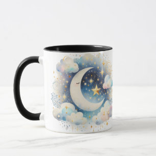 Caneca Lua Crescente Azul e Branco Celestial Boho Moderno