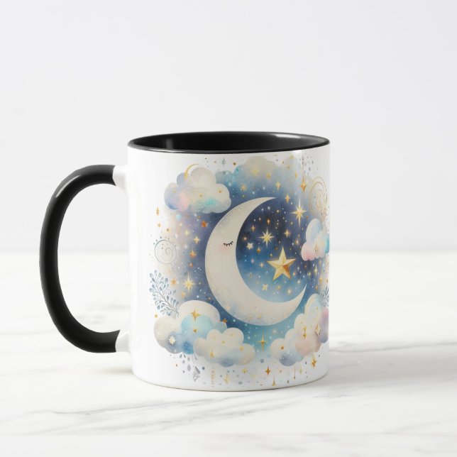Caneca Lua Crescente Azul e Branco Celestial Boho Moderno (Esquerda)