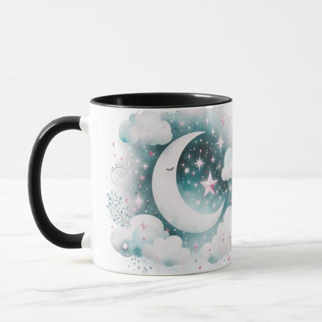Caneca Lua Crescente Azul e Branco Celestial Boho Moderno (Esquerda)