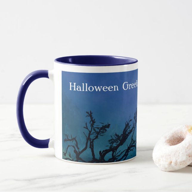 Caneca Lua de Halloween à noite em tons de azul e verde (Com Donut)