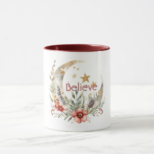 Caneca Lua Estrelas Flores Vermelhas Douradas 