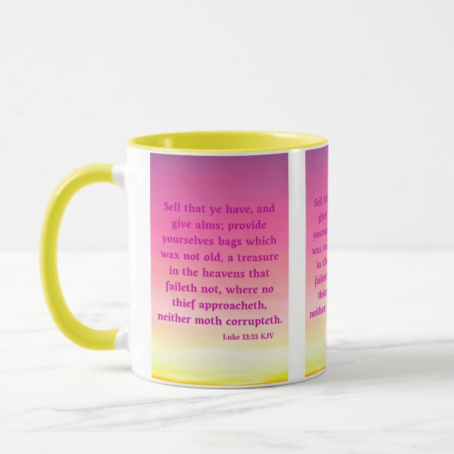 Caneca Luke 12:33 KJV Escritura de Bíblia Pic Dois-Tom (Esquerda)