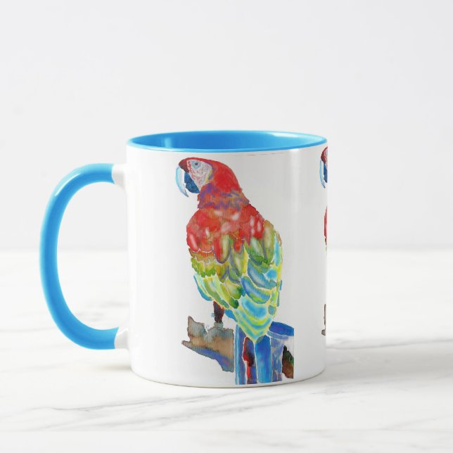 Caneca Macaw Papagaio Colorido Pássaros Aquarela Azul Mug (Esquerda)