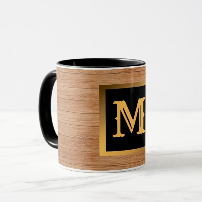 Caneca Madeira Dourada de luxo Monograma Moderno (Frente Esquerda)