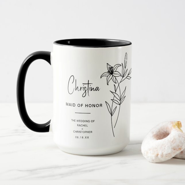 Caneca Madrinha de casamento | Lily Birth Flower (Com Donut)