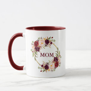 Caneca Mãe Burgundy Watercolor Floral Dourada