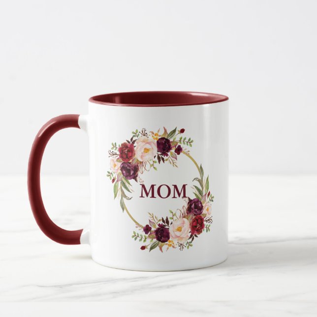 Caneca Mãe Burgundy Watercolor Floral Dourada (Esquerda)