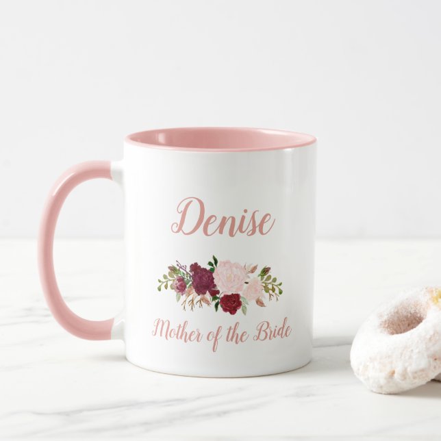 Caneca Mãe da Noiva Rosa Marsala Casamento Floral (Com Donut)