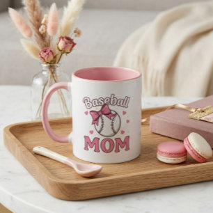 Caneca Mãe de Beisebol Design de Laço Rosa Fofo
