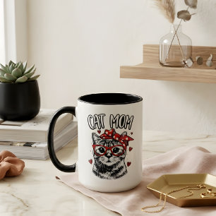Caneca Mãe de Gato Fofa com Óculos e Bandana Café Branco