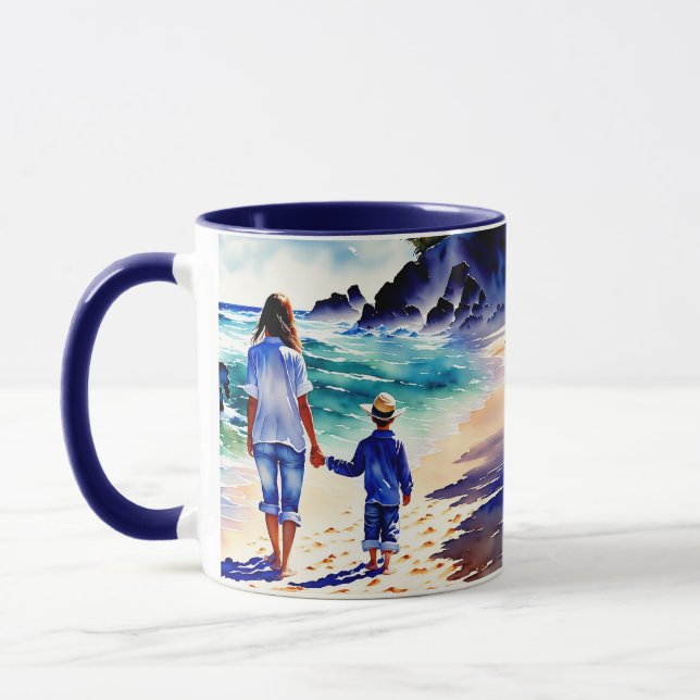 Caneca Mãe e Filho Caminhando na Praia (Esquerda)
