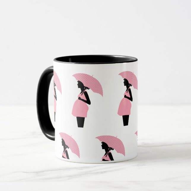 Caneca Mãe Esperada Radiante: Guarda-chuvas Rosa (Frente Esquerda)