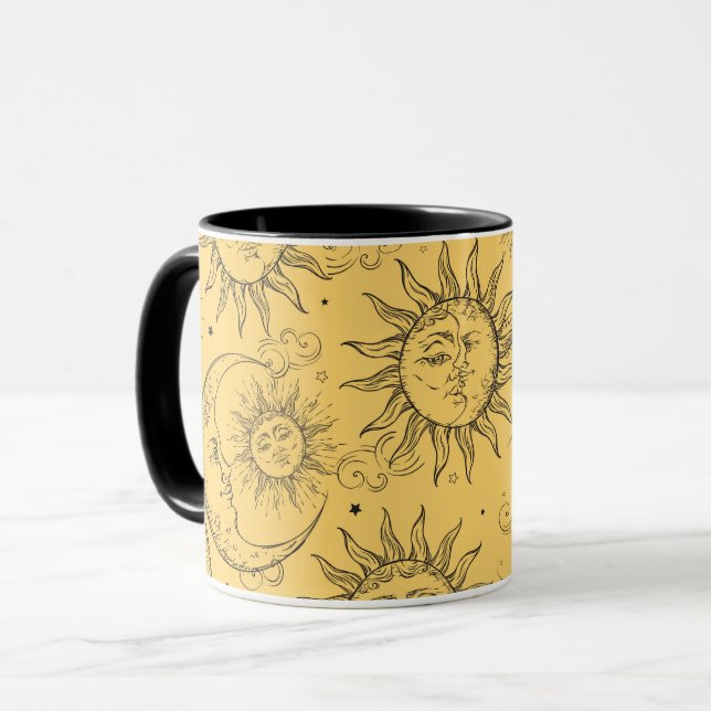 Caneca Magia Amarela Vintage Celestial Sol Lua Estrelas (Frente Esquerda)