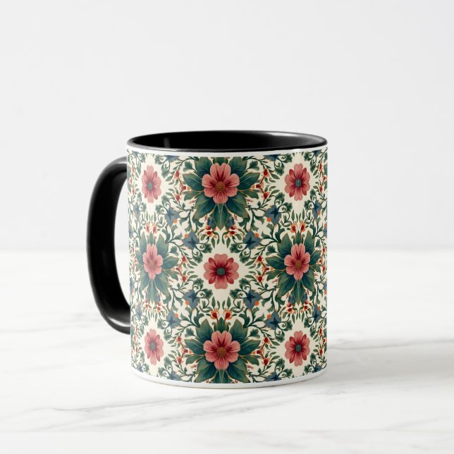 Caneca Magia Floral Boho - em Tons de Verde e Rosa (Frente Esquerda)