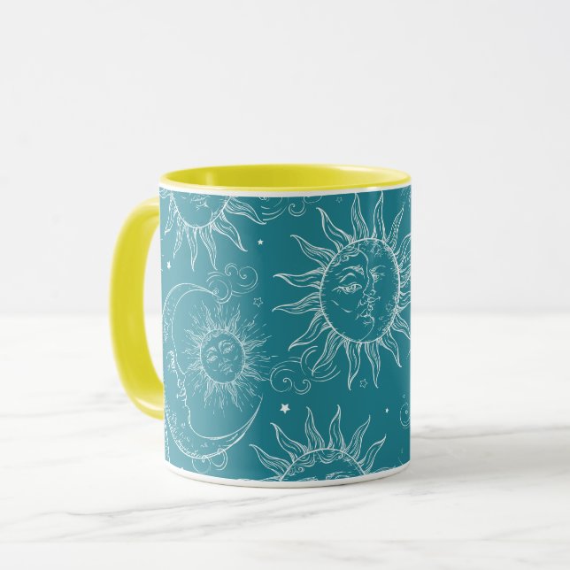 Caneca Magia Turquesa Vintage Sol Lua Estrelas Celestiais (Frente Esquerda)