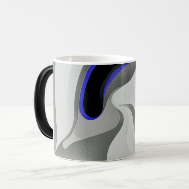 Caneca Mágica Abaixo do Azul: Cinza Abstrato, Preto e Azul (Frente Esquerda)