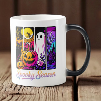 Caneca Mágica Abóbora de Halloween Fantasma Pop Art Retro Preto