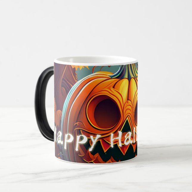 Caneca Mágica Abóbora Laranja Assustadora com Rosto, Halloween (Frente Esquerda)