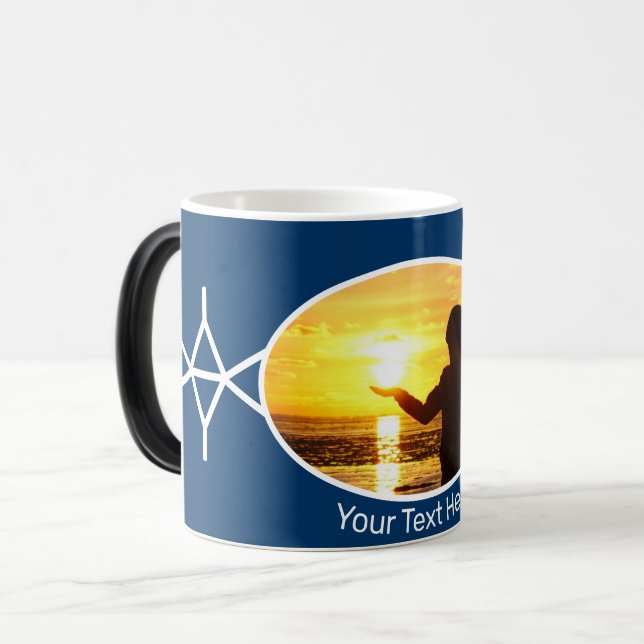 Caneca Mágica Abstrato azul e branco com foto e texto! (Frente Esquerda)