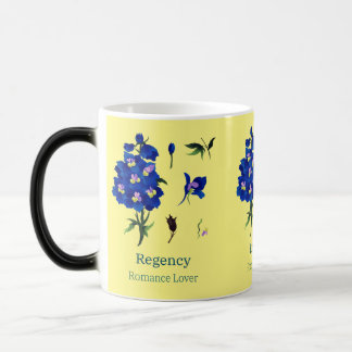 Caneca Mágica Amarelo com flores de larkspur azuis Amante do Rom